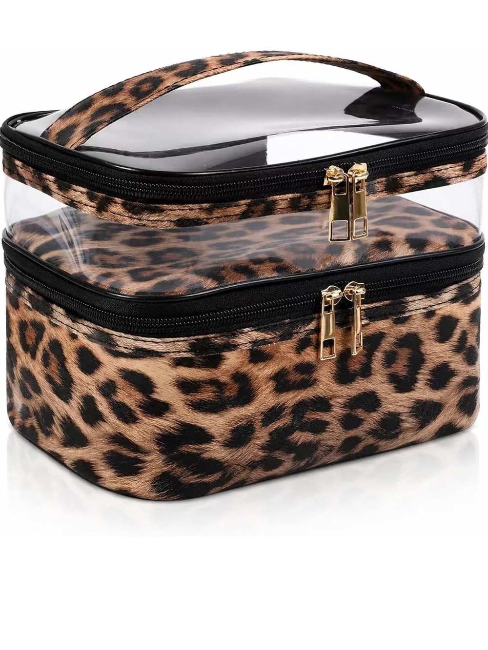 Leopard Print Clear Top Double Zip Cosmetic Train Case